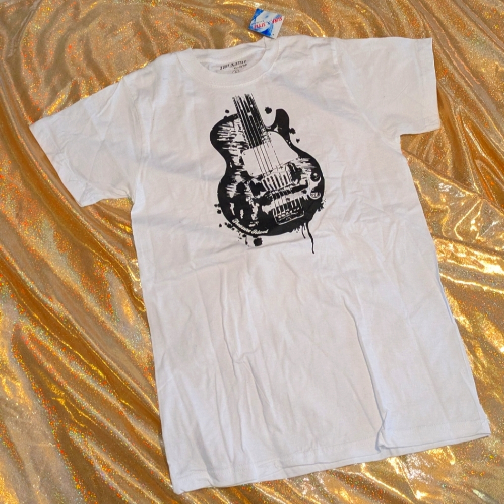 White T-Shirt with Black Guitar Graphic NWT Unisex  Sz sm